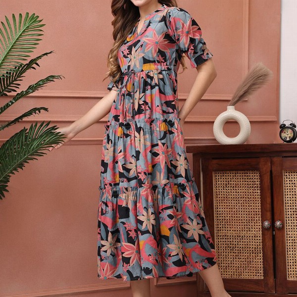 Claura Women Floral Printed Puff Sleeve Fit & Flare Midi Dress