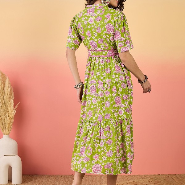 Sangria Floral Printed Pure Cotton Tiered Maxi Dress
