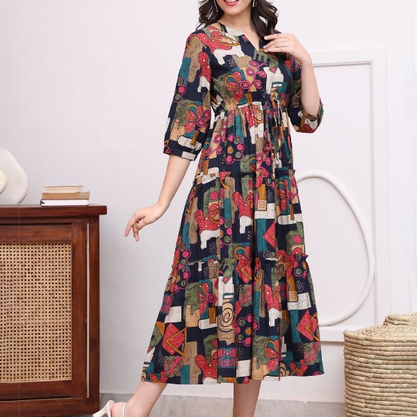 Claura Women Abstract Printed Mandarin Collar A-Line Dress