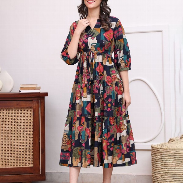Claura Women Abstract Printed Mandarin Collar A-Line Dress