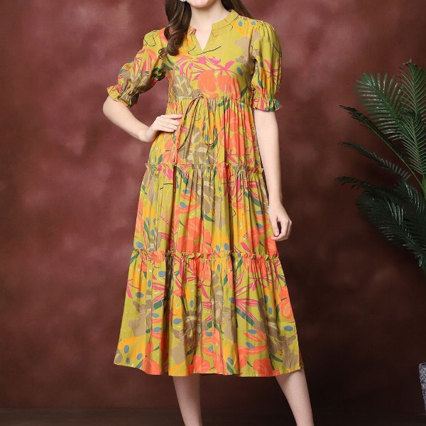 Claura Women Floral Print  Mandarin Collar Puff Sleeves Maxi Midi Dress