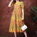 Claura Women Floral Print  Mandarin Collar Puff Sleeves Maxi Midi Dress