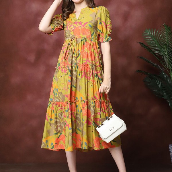 Claura Women Floral Print  Mandarin Collar Puff Sleeves Maxi Midi Dress