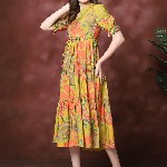 Claura Women Floral Print  Mandarin Collar Puff Sleeves Maxi Midi Dress