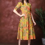 Claura Women Floral Print  Mandarin Collar Puff Sleeves Maxi Midi Dress