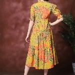 Claura Women Floral Print  Mandarin Collar Puff Sleeves Maxi Midi Dress