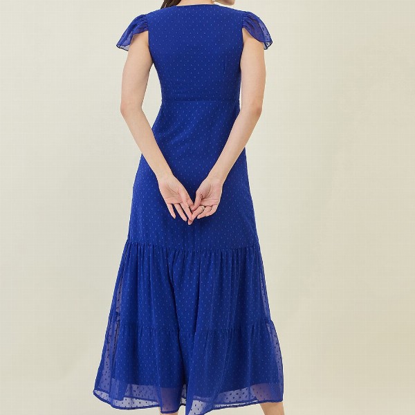 aayu Women V-Neck Tiered Self Design Flutter Sleeves A-Line Maxi Dress