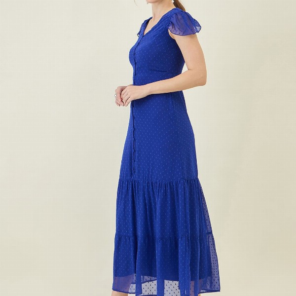 aayu Women V-Neck Tiered Self Design Flutter Sleeves A-Line Maxi Dress