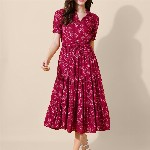 FLOWERVELLY Women Puff Sleeves Fit & Flare Midi Dress
