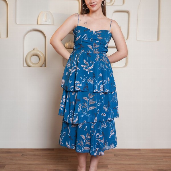 PURVAJA Women Floral Printed Layered Georgette Fit & Flare Midi Dress