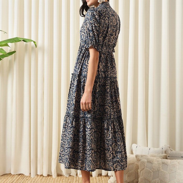 KALINI Floral Printed Mandarin Collar Puff Sleeves Cotton Fit and Flare Dress