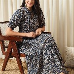 KALINI Floral Printed Mandarin Collar Puff Sleeves Cotton Fit and Flare Dress