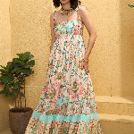 Pink Paprika by SASSAFRAS Floral Print Tie-Up Neck Fit & Flare Maxi Dress