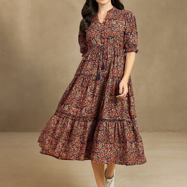 Azira Ethnic Motif Print Mandarin Collar Short Puff Sleeves Cotton A-Line Midi Dress