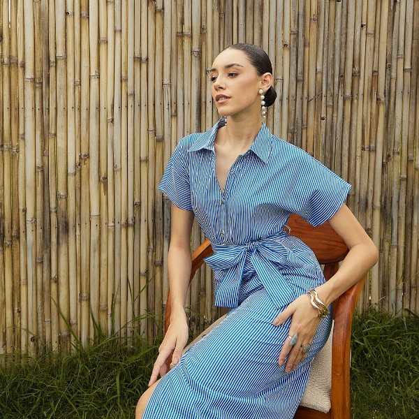 Pink Paprika by SASSAFRAS Women Striped Printed Shirt Collar A-Line Midi Dress