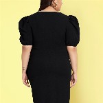 wild U Plus Size Solid V-Neck Puff Sleeves Gathered Wrap Dress