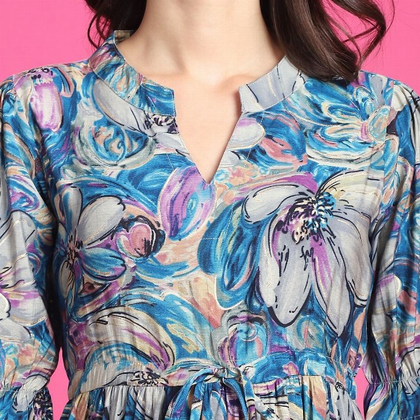 Claura Women Floral Print Mandarin Collar Short Sleeves Fit and Flare Midi Dress