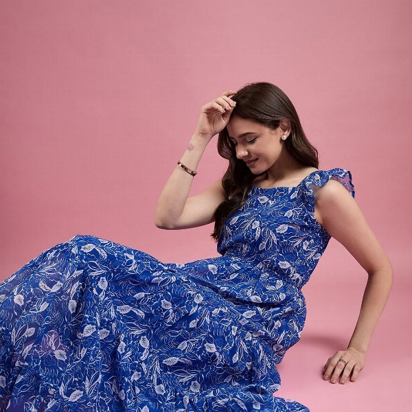 Deewa Floral Print Georgette Fit & Flare Maxi Dress