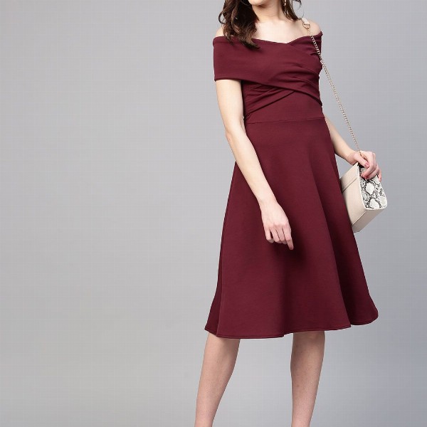 Athena Burgundy Off-Shoulder Pleated Fit & Flare Dress