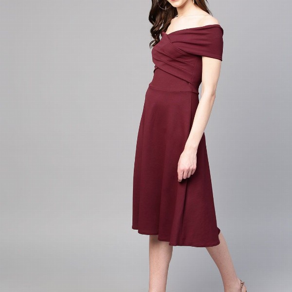 Athena Burgundy Off-Shoulder Pleated Fit & Flare Dress