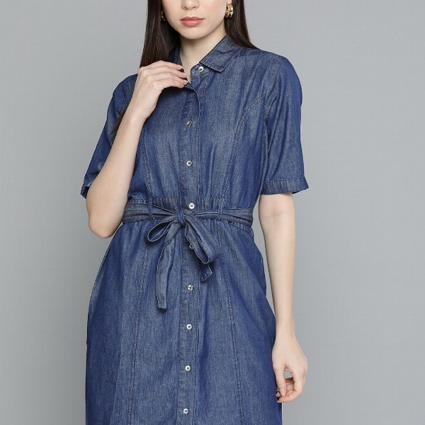 Chemistry Solid Cotton Denim Shirt Dress