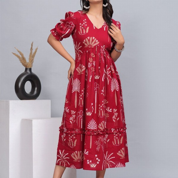 DAMMODE Women Cotton Floral Printed Empire Maxi Dress