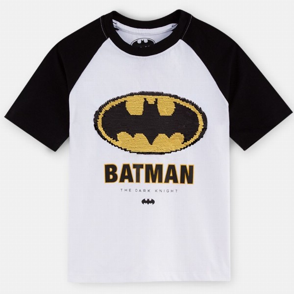 Nap Chief Kids Unisex Batman Logo Reversible Sequins Pure Cotton Relaxed Fit T-Shirt