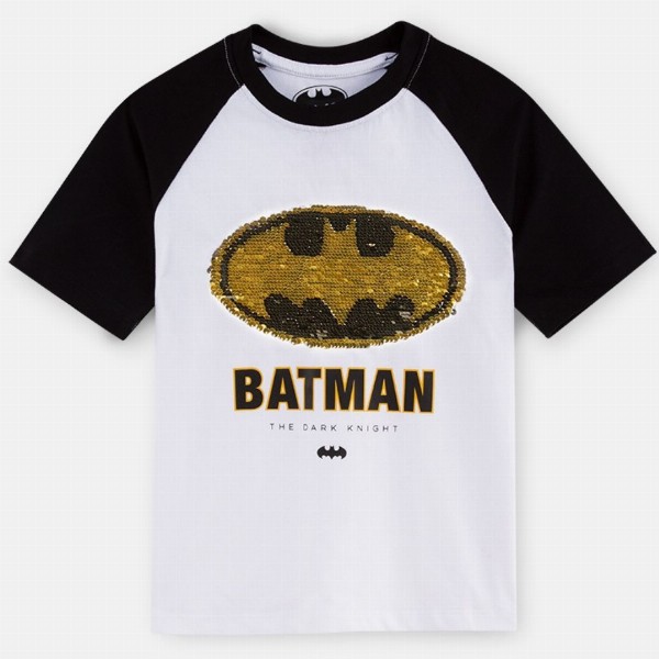 Nap Chief Kids Unisex Batman Logo Reversible Sequins Pure Cotton Relaxed Fit T-Shirt