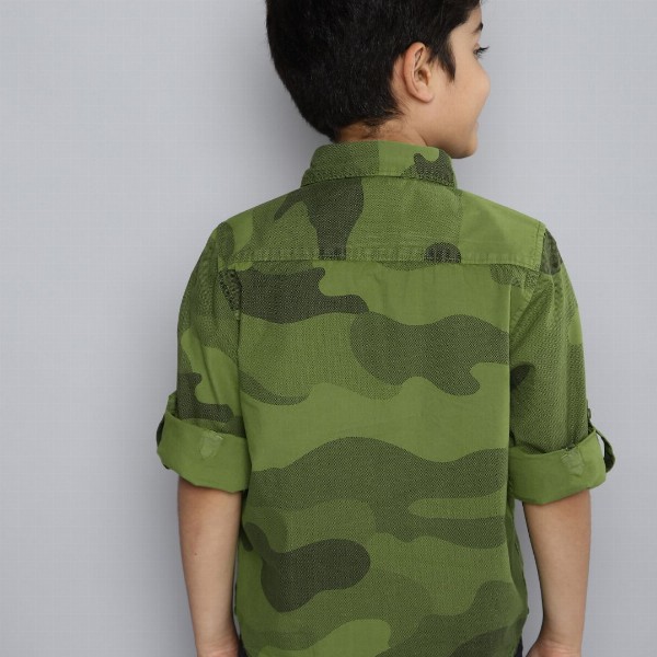 HERE&NOW Boys Olive Green Pure Cotton Printed Casual Shirt