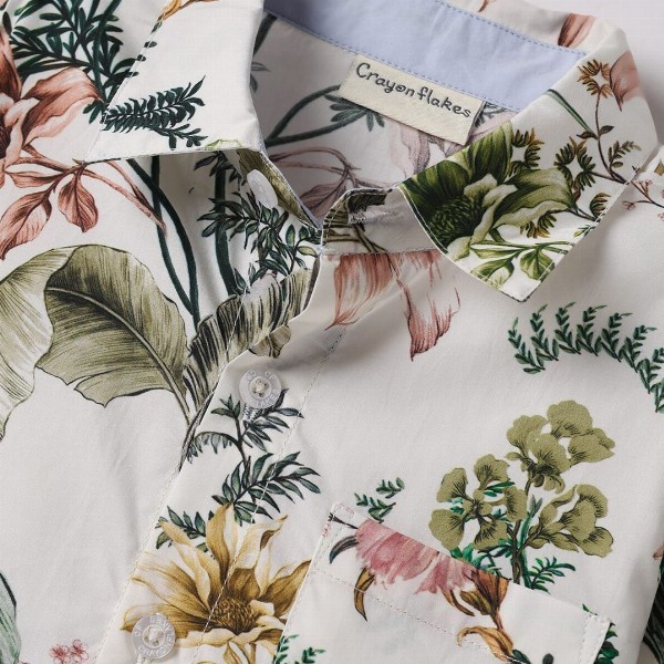 CrayonFlakes Boys Floral Printed Spread Collar Short Sleeves Cotton Shirt