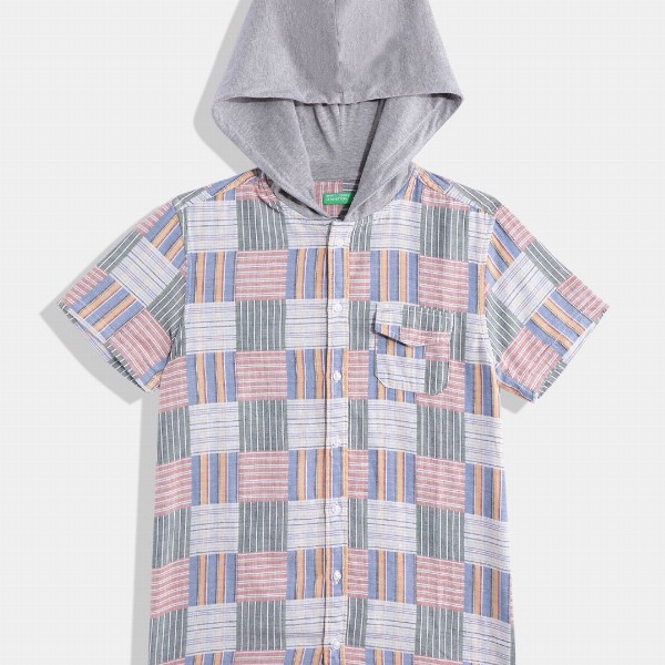 United Colors of Benetton Boys Pure Cotton Checked Hooded Shirt