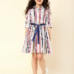 A T U N Multicoloured Striped Keyhole Neck Dress