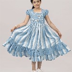 YK Girl Striped Square Neck Puff Sleeve Tiered Fit & Flare Midi Dress