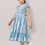 YK Girl Striped Square Neck Puff Sleeve Tiered Fit & Flare Midi Dress