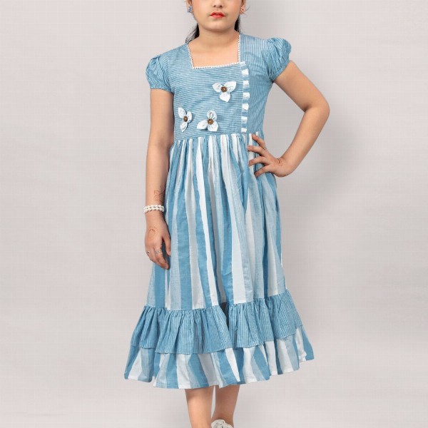 YK Girl Striped Square Neck Puff Sleeve Tiered Fit & Flare Midi Dress