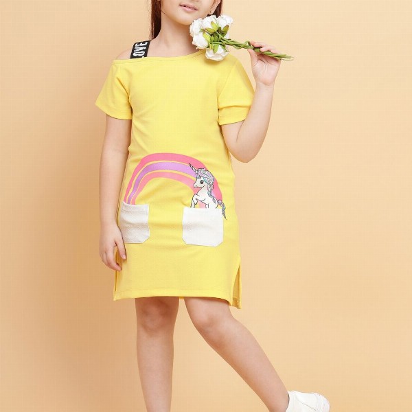 YK Girls Graphic Printed Asymmetric Neck Cotton T-shirt Dress