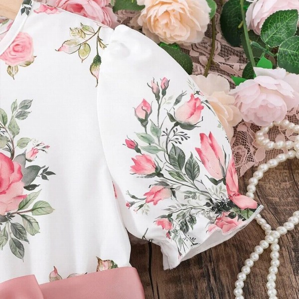BAESD Girls Floral Print Round Neck Short Puff Sleeves Fit & Flare Dress