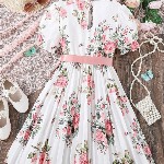 BAESD Girls Floral Print Round Neck Short Puff Sleeves Fit & Flare Dress