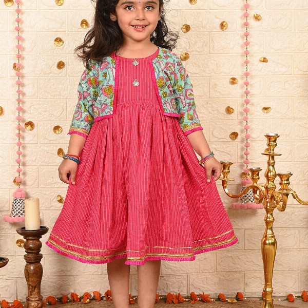 Sangria Girls Striped Cotton A-Line Ethnic Dress With Jacket