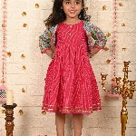Sangria Girls Striped Cotton A-Line Ethnic Dress With Jacket