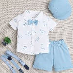 BUMZEE Infants Boys Printed Pure Cotton Shirt With Shorts And Bow Cap Suspenders