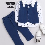 BUMZEE Boys Navy Blue & White Printed Shirt with Trousers