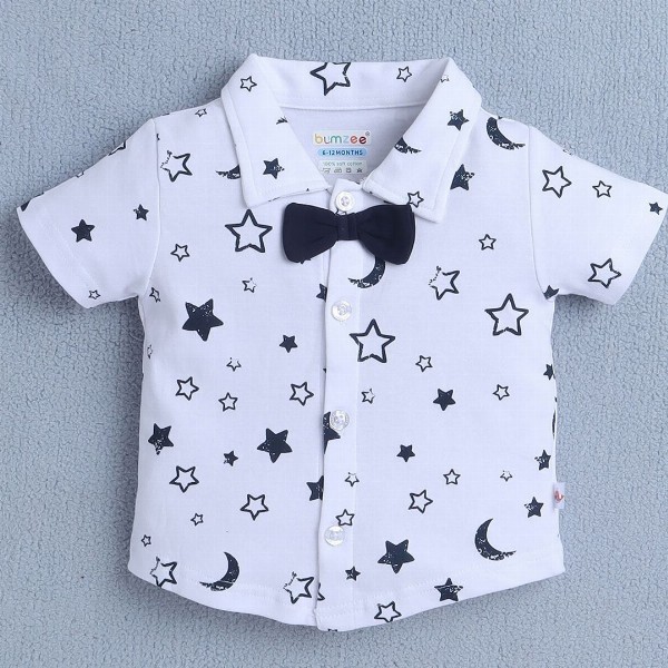 BUMZEE Boys Printed Pure Cotton Shirt with Short Set With Bow Suspender & Cap
