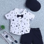 BUMZEE Boys Printed Pure Cotton Shirt with Short Set With Bow Suspender & Cap