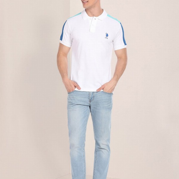 U.S. Polo Assn. Colourblocked Polo Collar Pure Cotton Slim Fit T-shirt