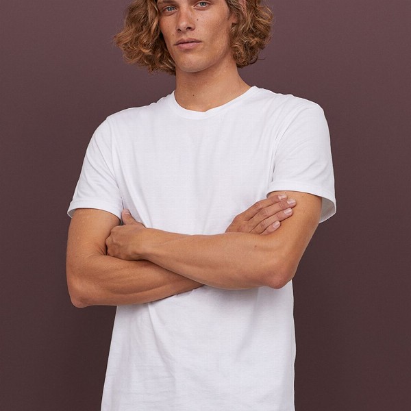 HM Men White Solid Cotton Pure Cotton T-shirt Regular Fit