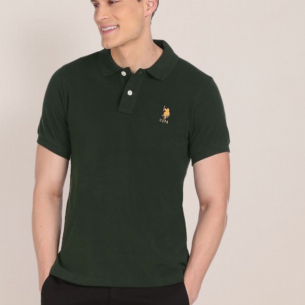 U S Polo Assn Men Green Brand Logo Embroidered Pure Cotton Polo Collar Slim Fit T-shirt