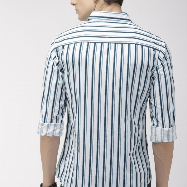 The Indian Garage Co Men White & Teal Blue Slim Fit Striped Casual Shirt