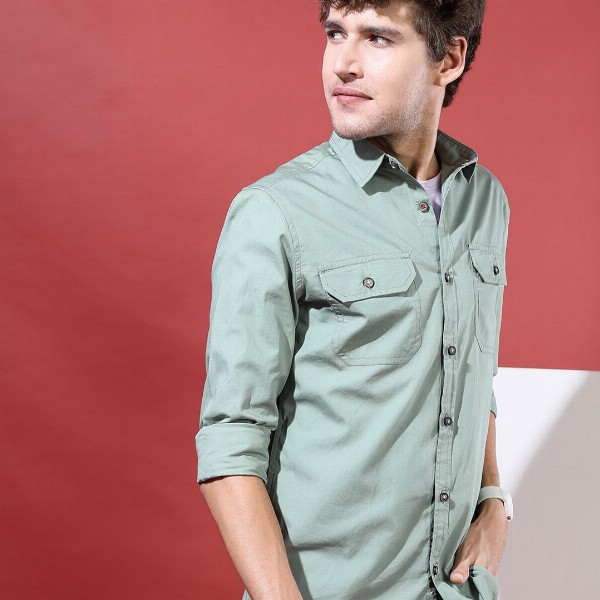 HIGHLANDER Men Green Slim Fit Solid Casual Shirt