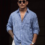 Powerlook Men Spread Collar Vertical Striped Cotton Casual Shirt